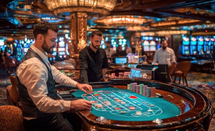 Antarmuka live dealer dengan tombol taruhan dan chat interaktif